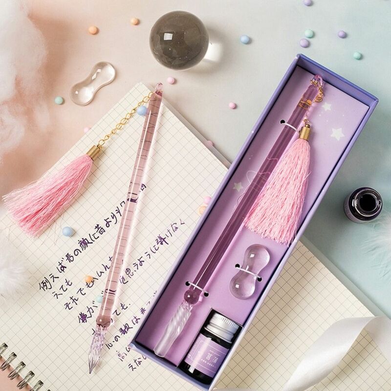 Bolígrafo de cristal transparente con borlas, bolígrafo con purpurina para estudiantes, caja de regalo, juego de bolígrafos con tinta