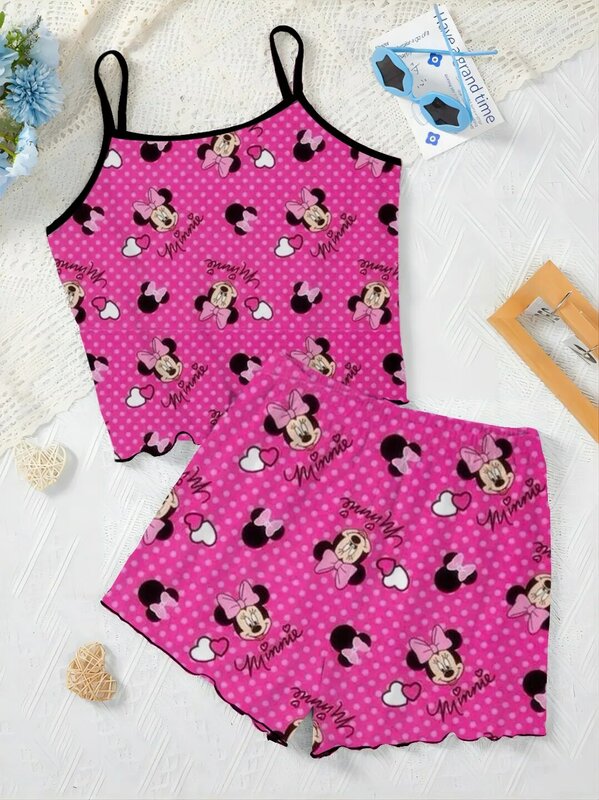Top sałata wykończony t-shirt Minnie Mouse Mickey Disney ubranko z krótkim rękawem dla kobiet 2 sztuki piżama spódnica sukienka na ramiączkach elegancki damski garnitur