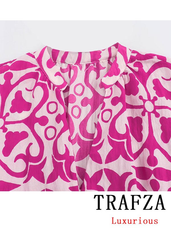 TRAFZA-vestido vintage estampado rosa para mulheres, decote em v, renda, mangas compridas, peito único, camisa, moda, férias de verão, 2024