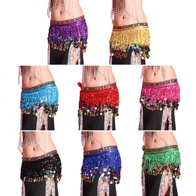 Bufanda de gasa multicolor para danza del vientre para mujer, cinturón de lentejuelas con monedas, falda con borla, ropa de baile