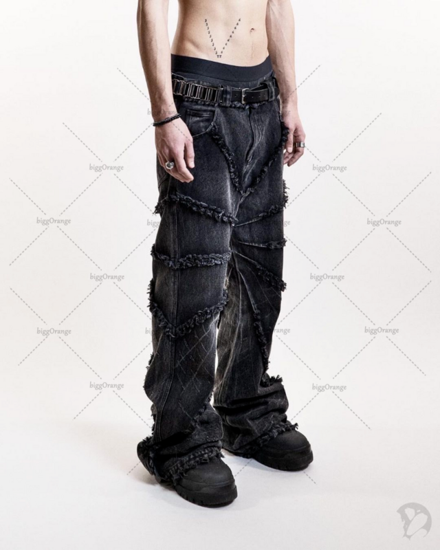 Y2K-pantalones vaqueros de cintura alta para hombre, Jeans de gran tamaño, negros, Punk, American Street Rock, Retro, lavado con bordes sin rematar, pierna ancha recta, 2023