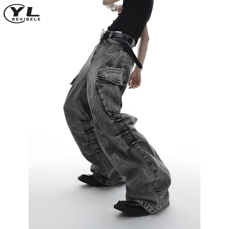Celana Jeans cuci industri berat pria, bawahan Denim lurus Hip Hop jalanan tinggi bersaku besar Vintage untuk lelaki