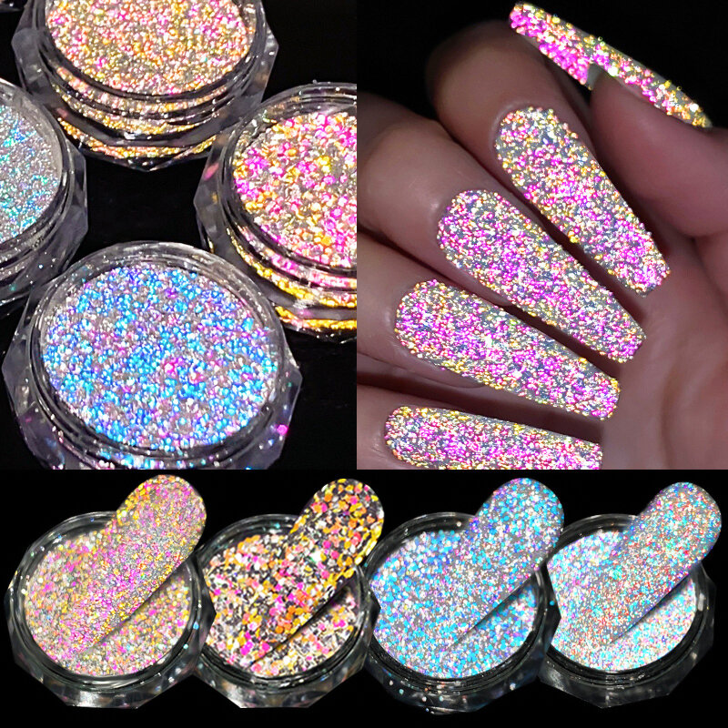 1 caja de polvo de uñas holográfico brillante, pigmento cromado brillante, accesorios artesanales para manicura