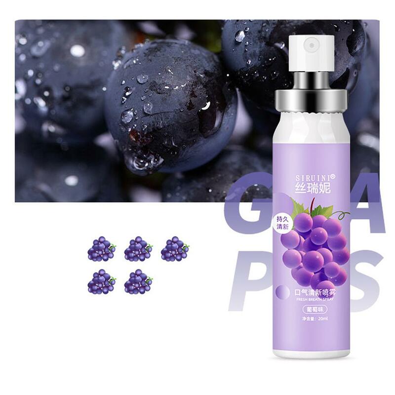 Sabor de frutas Spray Oral Fresco, Respiração de uva de pêssego, Purificador de boca, Remova o mau hálito, Desodorante, Doce, 20ml