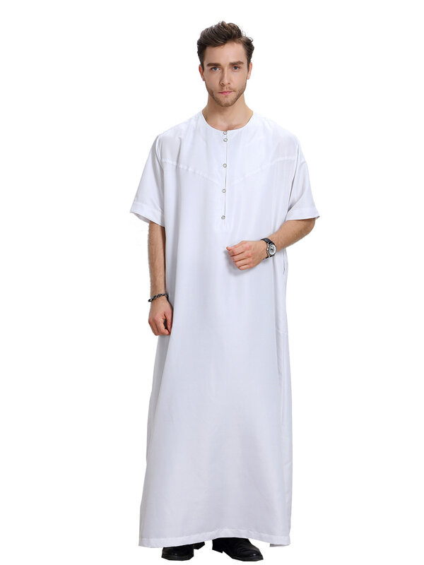 Robes de style saoudien pour hommes avec bouton, Thobe Jubba, Vintage, Manches courtes, Col rond, Musulman, Arabe, Ramadan, Vêtements islamiques
