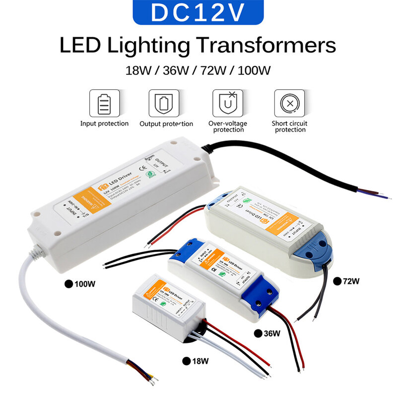 Transformadores de iluminação de alta qualidade para luzes LED Strip, adaptador de alimentação, DC 12V Driver, 18W, 36W, 72W, 100W