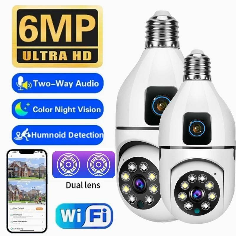 6MP E27 Bulb WIFI Camera Dual Lens Indoor Surveillance AI Human Tracking Wireless Voice Alarm Cameras Smart Home 8X Zoom Monitor