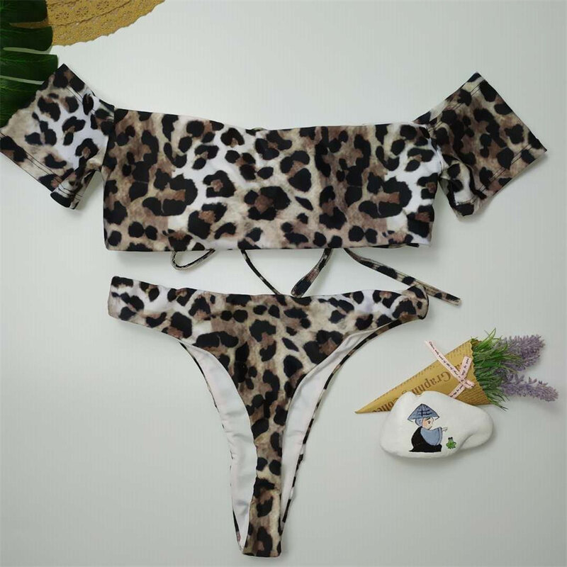 Mulheres sexy fora do ombro Tankini, biquíni estampa de leopardo, tanga maiô, duas peças maiô, moda praia brasileira, maiô, férias