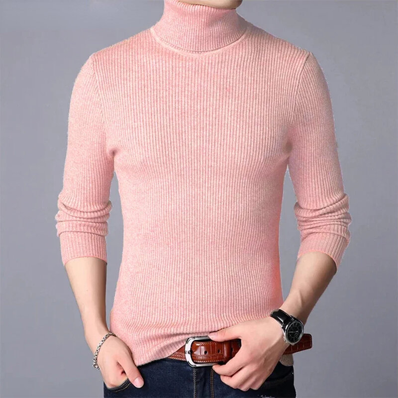 Camisa de punto de cuello alto para hombre, Jersey ajustado de manga larga, Tops de Color sólido, alta calidad, Otoño e Invierno