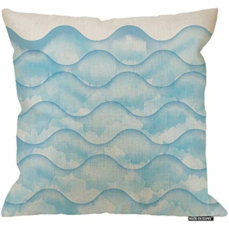 Fundas de almohada de lino y algodón con patrón de onda azul dinámica, acuarela abstracta, Océano y mar, funda de cojín decorativa