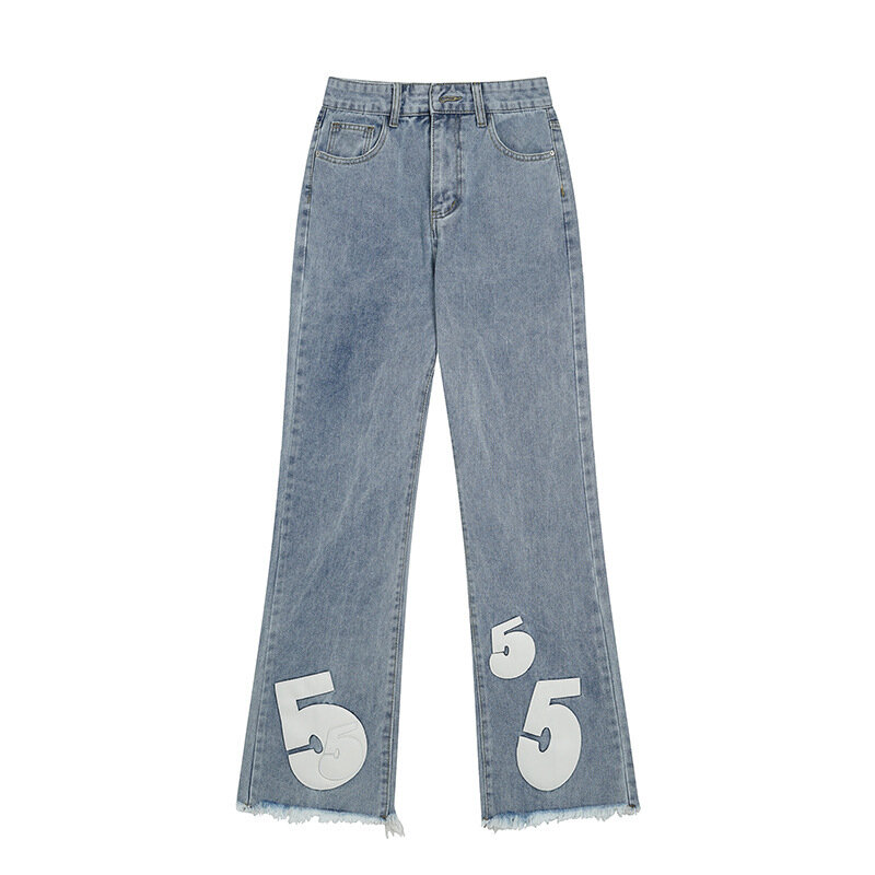 Pantalones vaqueros con estampado de letras para parejas, jeans de hip hop, micro acampanados, ropa de calle, 2024