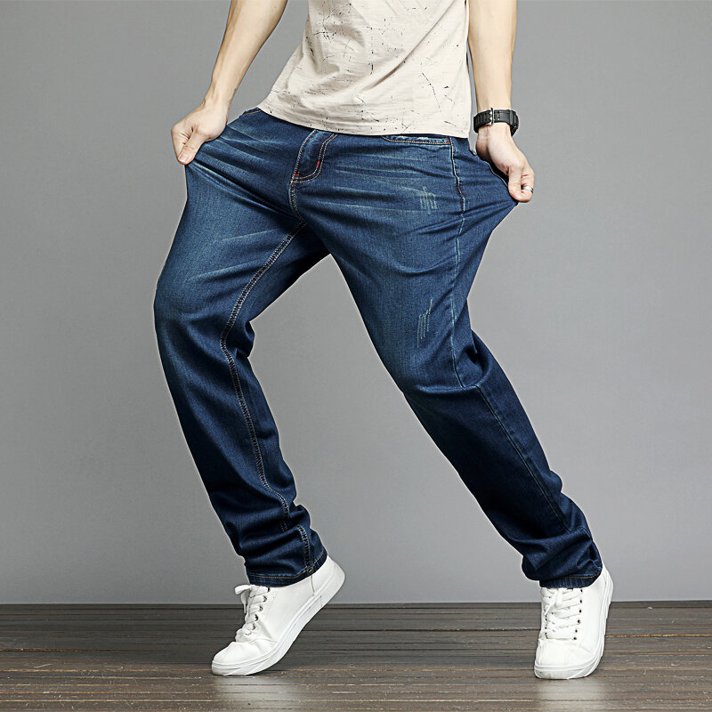 2024 Jeans Men's Elastic Straight Large Size 48 Men's Simple Style Black Blue Stretch Denim Pants Big Men Plus Size Pencil pant