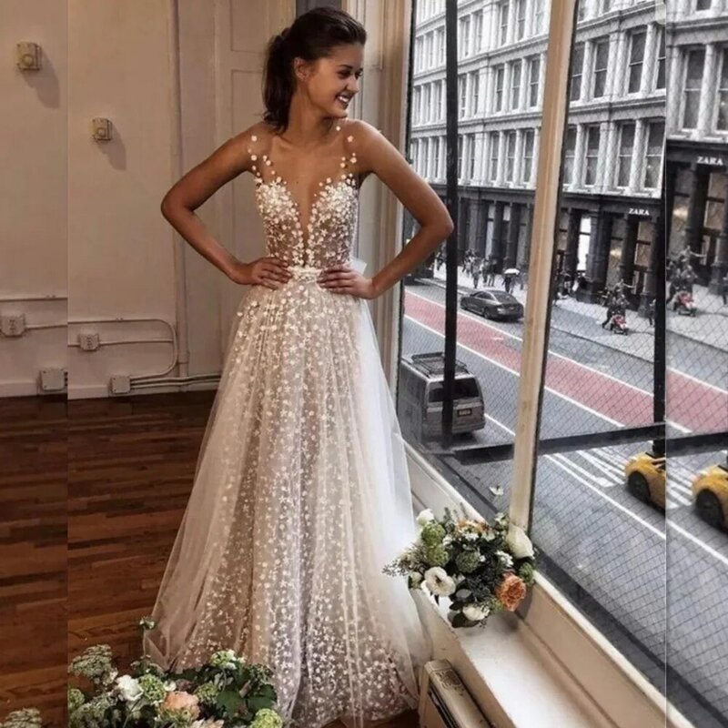 LSYX Sexy Glitter Sleeveless Wedding Dress V Neck Illusion A Line Bridal Gown Court Train Robe De Mariée Ribbons With Soft Tulle