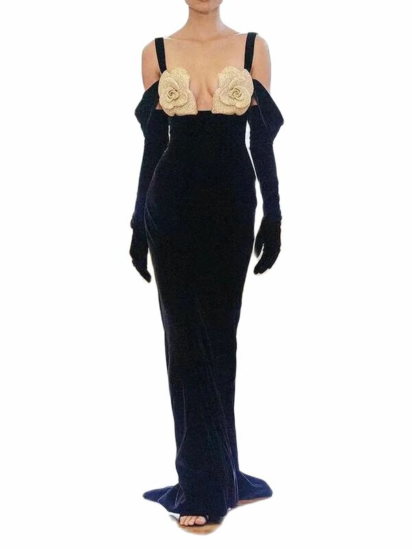Abito da sera Sexy a sirena con fiori tridimensionali abito da ballo nero con strascico abito da donna senza schienale gonna De Soirée