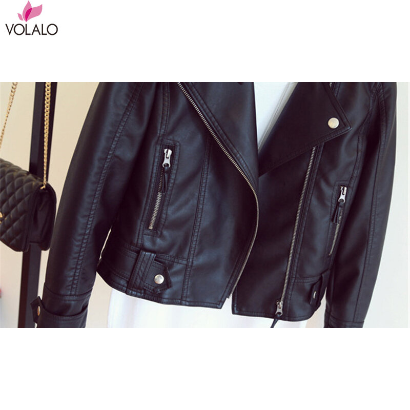 VOLALO 여성용 모토 바이커 가죽 재킷, 클래식 모조 가죽 코트, 턴다운 칼라, 블랙, 가을