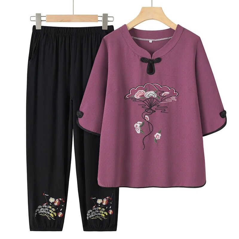 Summer New Large Size Middle Aged And Elderly Mother Two-Piece Suit Women Short Sleeved Embroidered Tops + Pants Outfit Female