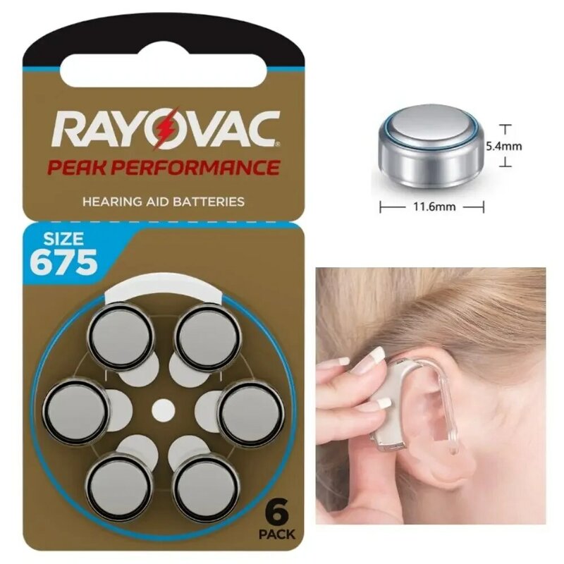 Rayovac Hearing Aid Bateria para surdez, PERK 675/A675, ar de zinco, 1.45V, 675A, 675, 675, PR44, 60 Pcs