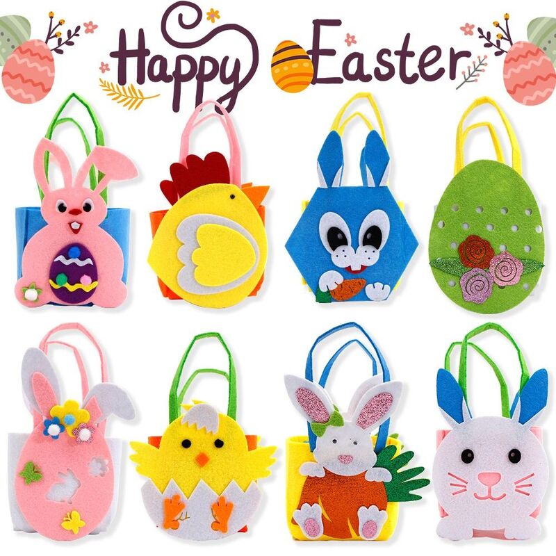 Bolsa de feltro artesanal dos desenhos animados das crianças, bolsa de doces colorida DIY, favores do feliz dia de Páscoa