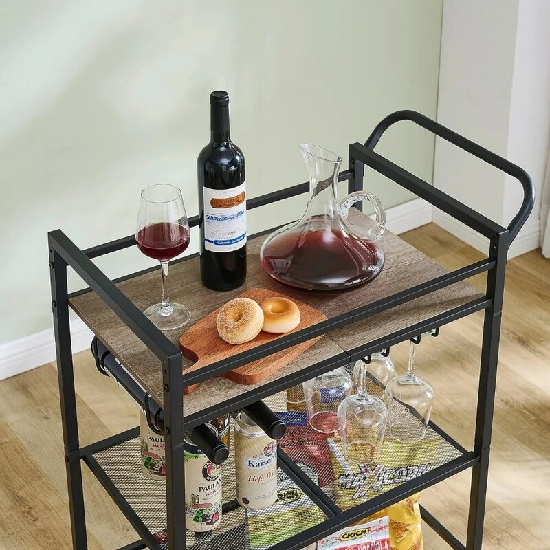 Tajsoon-bar móvel servindo carrinho, 3 camadas, carrinho de vinho estilo industrial para cozinha, carrinho de bebidas com cremalheira de vinho e vidro