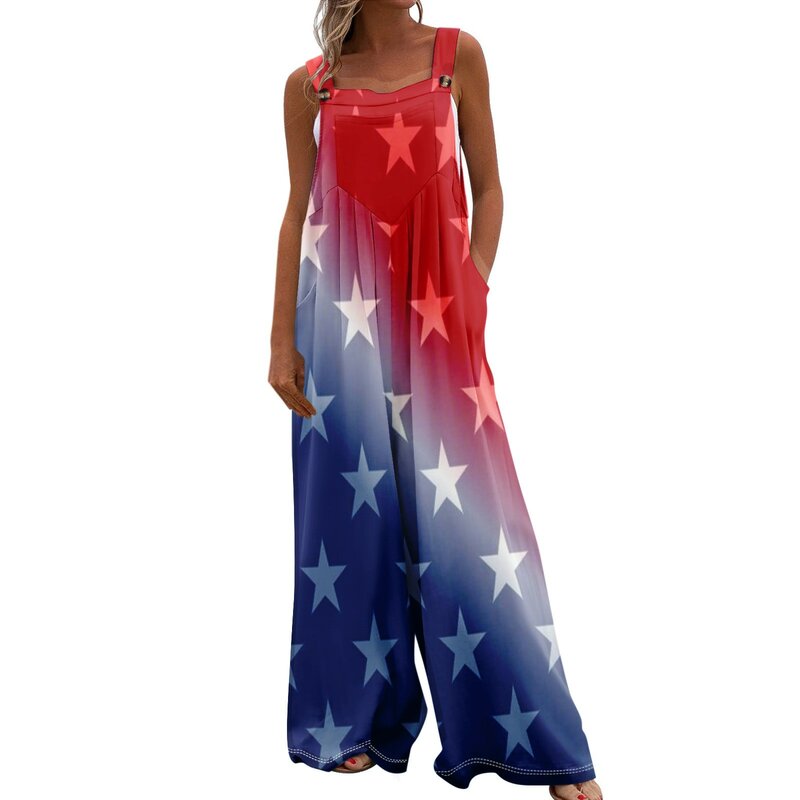 Women Casual Jumpsuit Summer Loose Wide Leg Pants Independence Day Printed Bib Overalls Pocket Sleeveless Baggy Streetwear Rompe