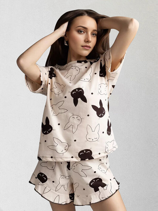 Marthaqiqi Causal Printing Summer Female Pajamas Set O-Neck Sleepwear Short Sleeve Nightgown Shorts Loose Home Clothes For Women