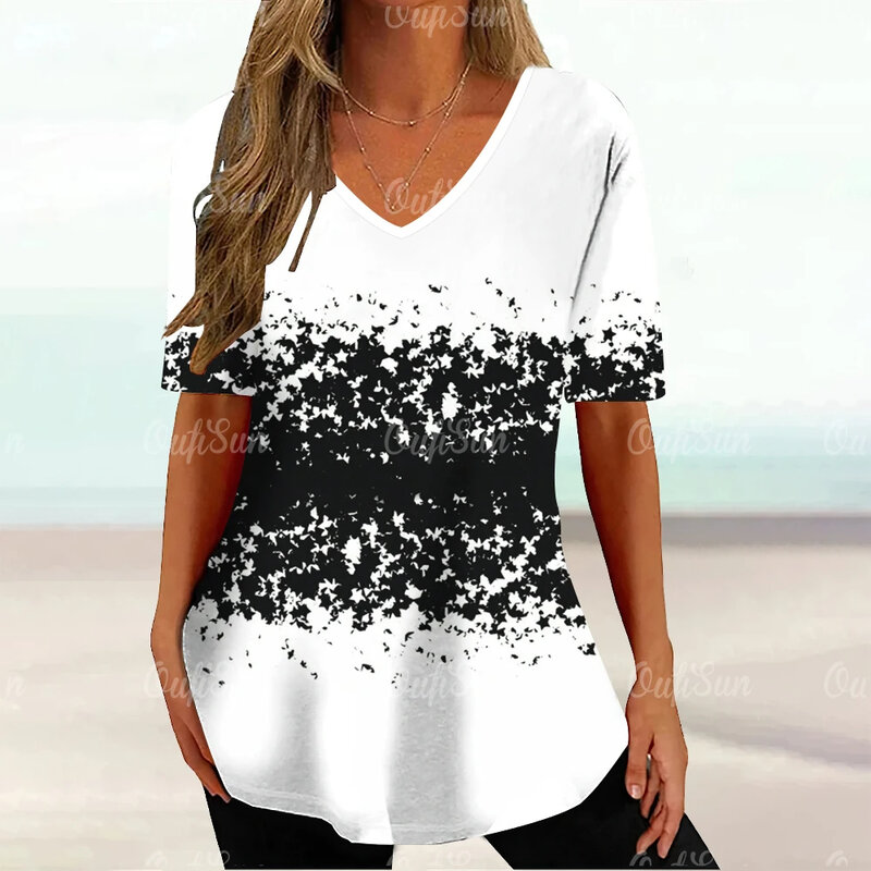 T-Shirt à Manches Courtes et Col en V pour Femme, Streetwear Décontracté, Imprimé Géométrique, Été, 2024