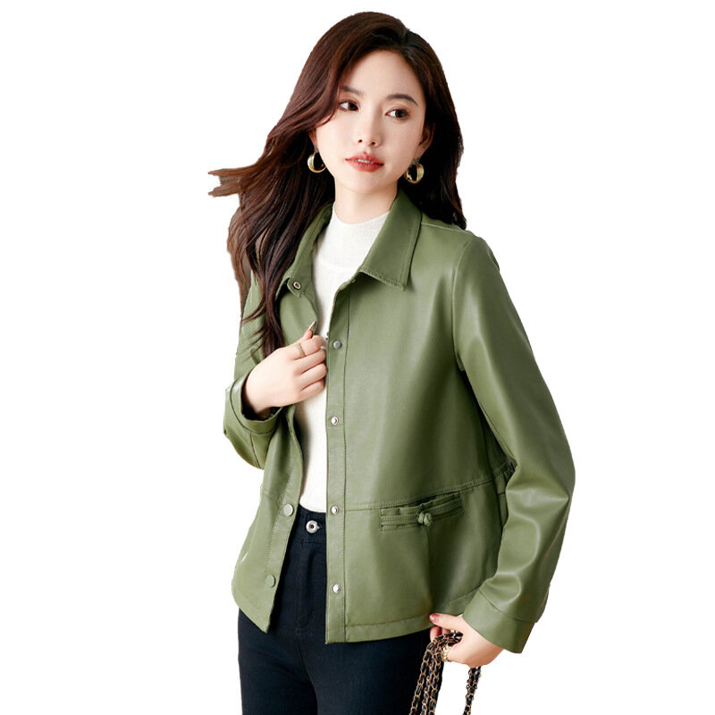 Cappotto in pelle di montone nuovo primavera 2024 per cappotto in edizione coreana moda e tempo libero da donna per pelle da moto fresca da donna