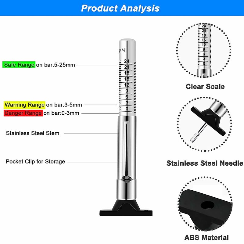 Толщиномер для глубины протектора шин ATsafepro UK, инструмент для измерения глубины протектора шин из нержавеющей стали 25 мм/32nds
