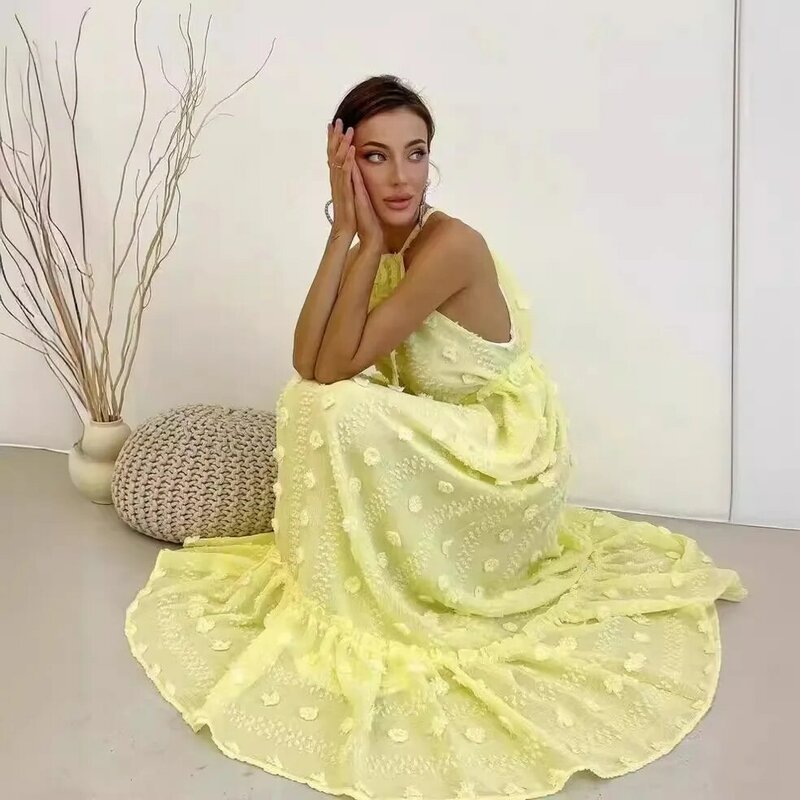 Fashion leher gantung 3D bunga kue gaun punggung terbuka produk baru untuk musim semi/musim panas 2024