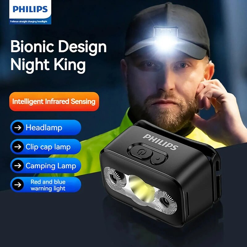 PHILIPS LED Farol Sensor Head Lanterna Dez Tipos de Iluminação Tipo-C Farol Recarregável Outdoor Camping Lanterna De Pesca