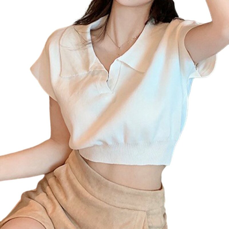 Nabel-Baring Top Frauen T-Shirt einfache Sommerkleid ung süßes T-Shirt für heiße Mädchen y2k Basic Revers lässigen Komfort
