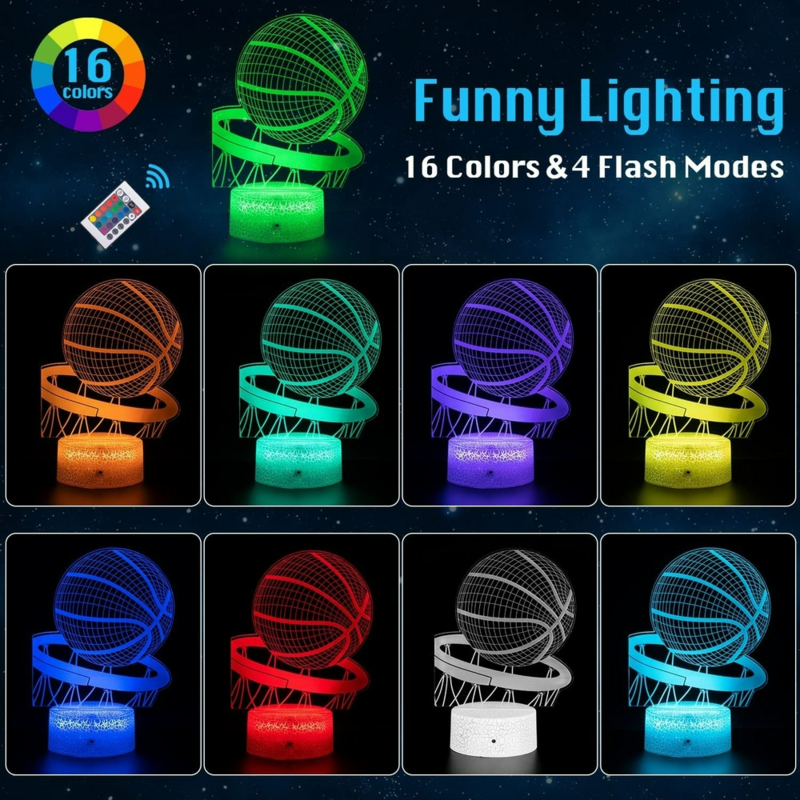Lampka nocna do koszykówki, lampa Led 3D Illusion, 16 kolorów możliwość przyciemniania za pomocą pilota Smart Touch, najlepszy świąteczny prezent urodzinowy
