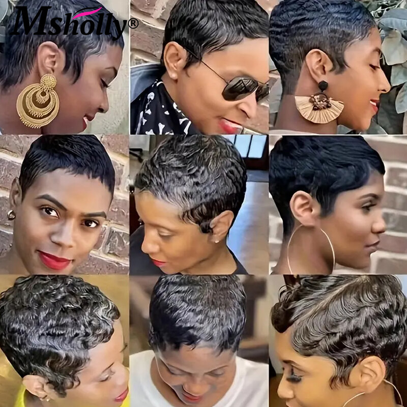 Glueuess brazylijskie Remy ludzkie włosy fryzura Pixie peruki krótkie Prepluck peruka tanie pełne maszyny wykonane peruki ludzkie włosy dla czarnych kobiet