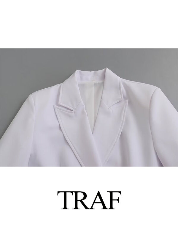 TRAF 2024 여성 패션 여름 코트, 턴다운 칼라, 긴팔 버튼, 더블 브레스트 블레이저, 오피스 레이디, 화이트