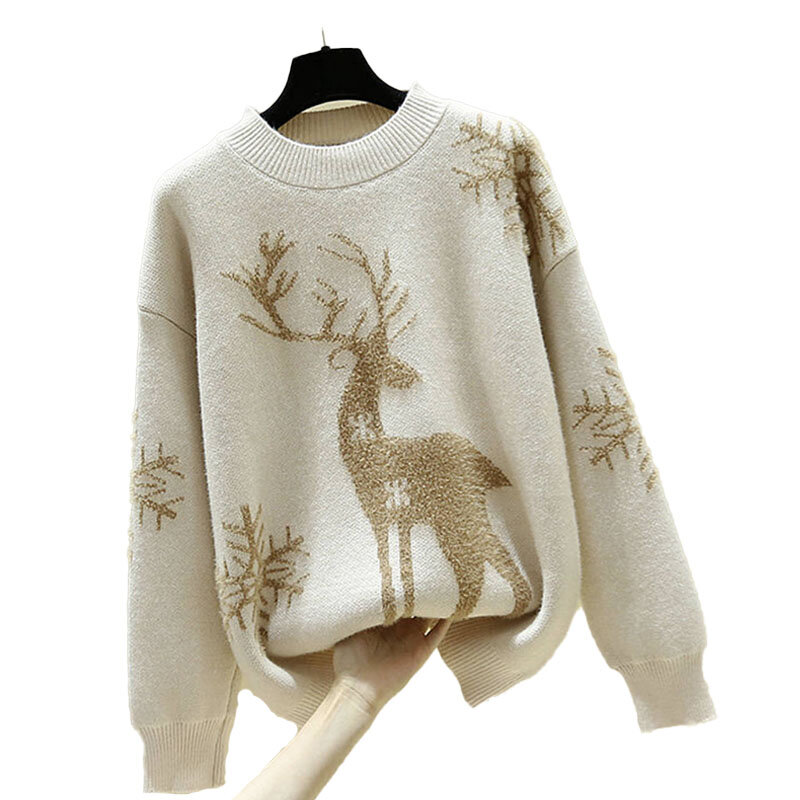 Осень-зима 2022, вязаные пуловеры с круглым вырезом и рождественским принтом животных для женщин, элегантный модный свитер со стразами в Корейском стиле
