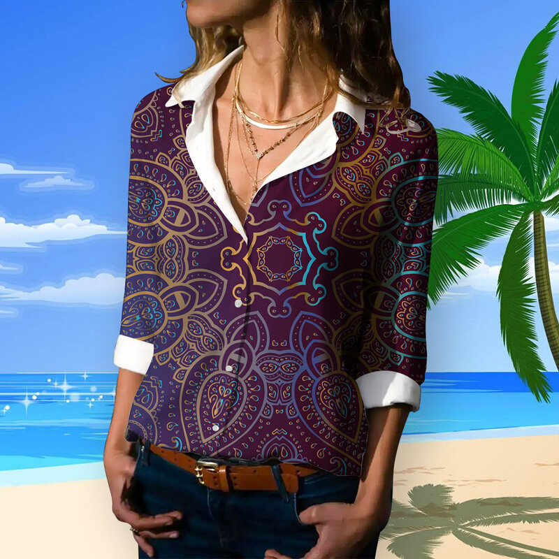 Trendy Summer Shirt Long Sleeves Hawaiian Shirt Spring Geometry Print Hawaiian Shirts Women Simple Office Lady Blouse Plus Size