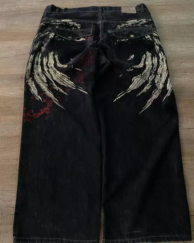 Джинсы Y2K в стиле Харадзюку, уличные мешковатые джинсы в стиле ретро, с вышивкой в виде крыльев, в стиле хип-хоп, брюки с завышенной талией в готическом стиле, широкие штаны