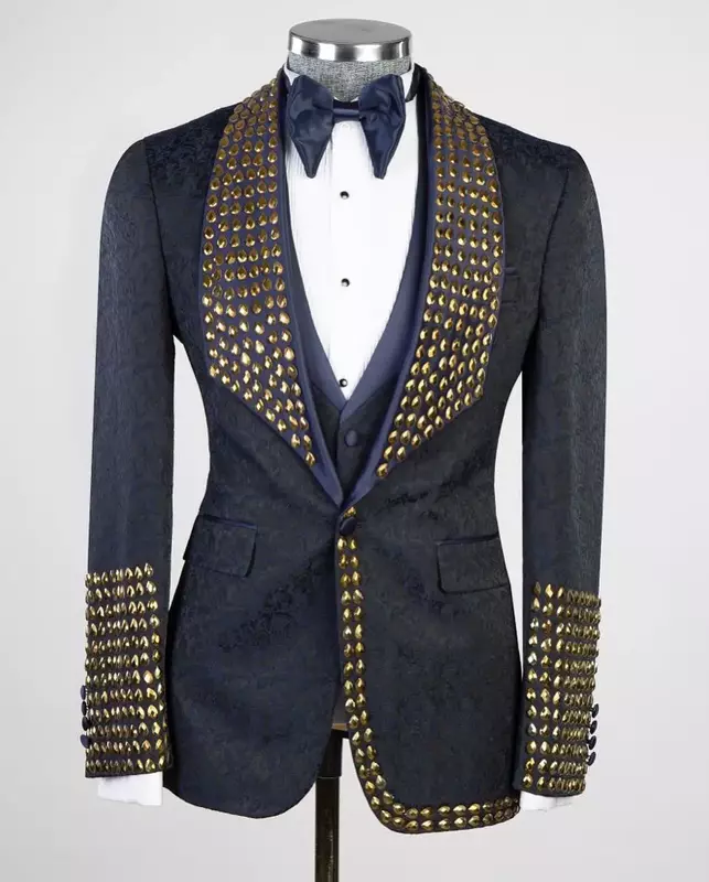 Crystals-Conjunto de 2 piezas para hombre, Blazer y pantalones negros, esmoquin de oficina para novio y boda, abrigo de botonadura única, chaqueta hecha a medida