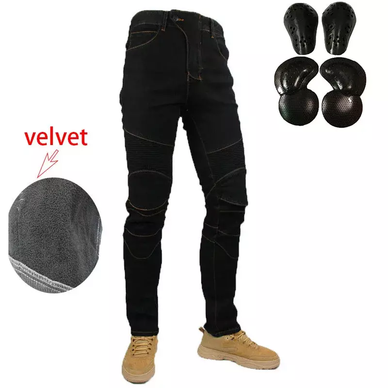 Motorcycle Winter Riding Velvet Jeans Snowmobile Riding Wind And Cold Lamb Velvet Drop-resistant Pants With Protective Gears