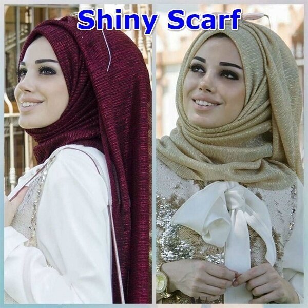 Shimmer syal lipit polos berkilau, syal pelindung leher jilbab emas elastis sutra Muslim modis untuk wanita