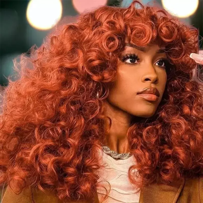 Wig keriting longgar pendek jahe tembaga coklat merah untuk wanita Wig rambut Cosplay alami sintetis untuk wanita dengan poni tahan panas