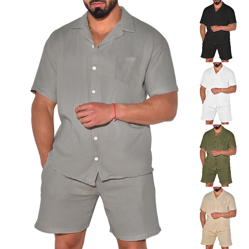 New Summer Men Cotton and Linen Casual Solid Color Short Sleeve Button Shirt Beach Shorts Two Set