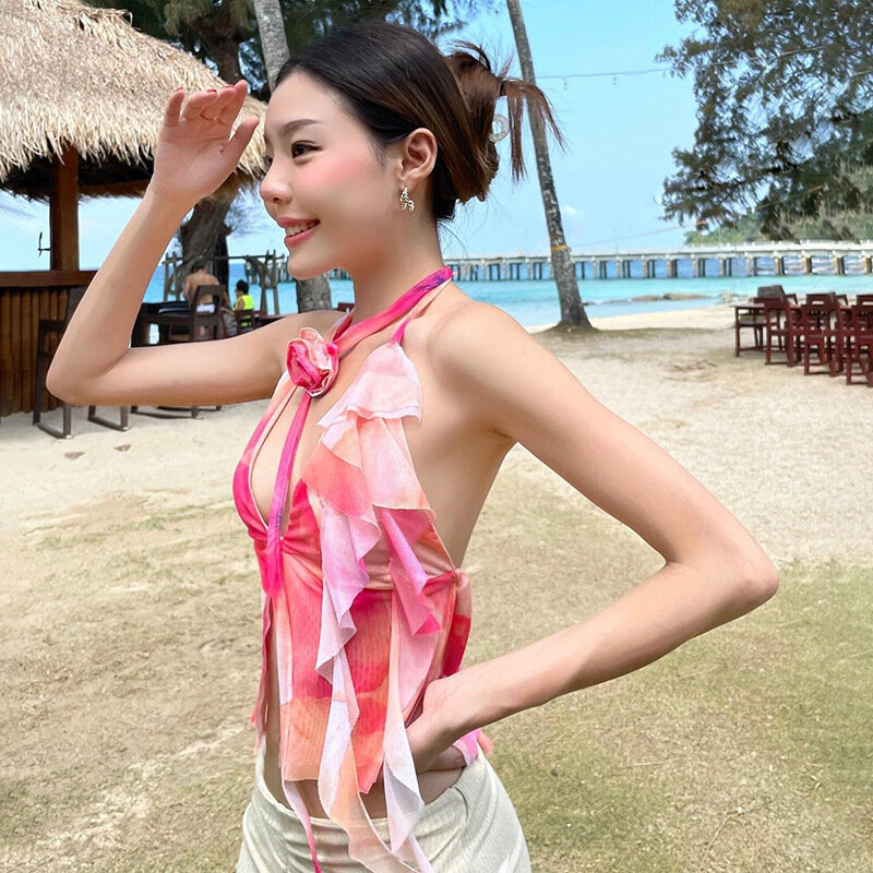 1-częściowy damski Top damski biustonosz kwiatowy 3D letni suknia wieczorowa wakacje na plaży Sexy bez pleców codzienna codzienna gorąca dziewczyna w stylu Streetwear