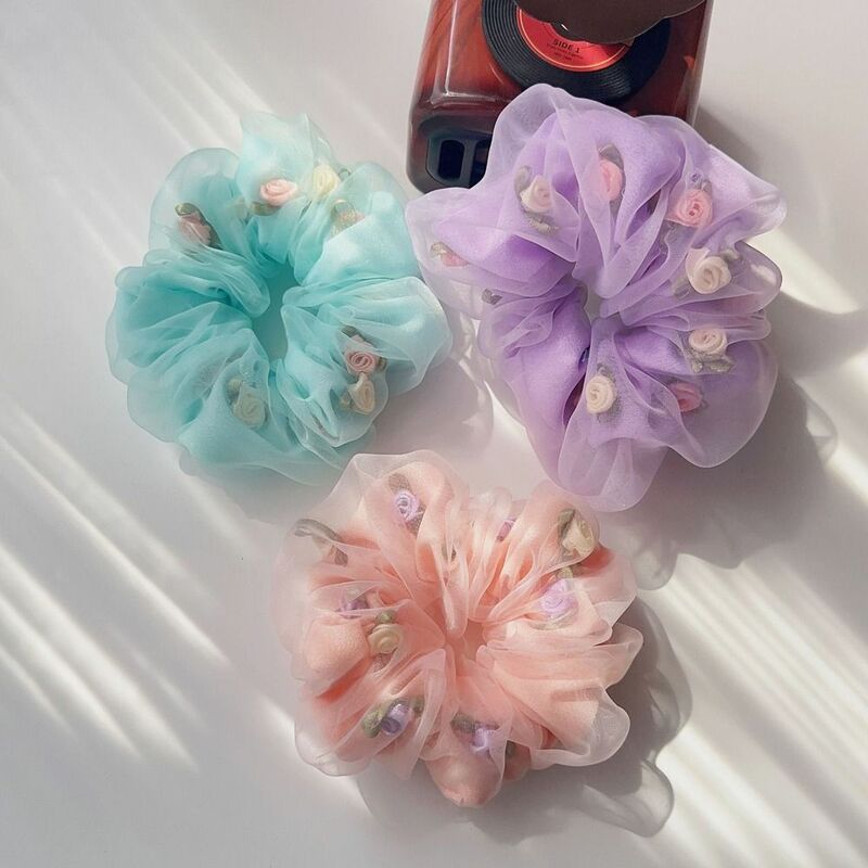 Mesh Flower Scrunchies para mulheres, cocar feminino, corda de cabelo elegante, novo Headwear, bandas de borracha rosa flor cabelo, laços titular