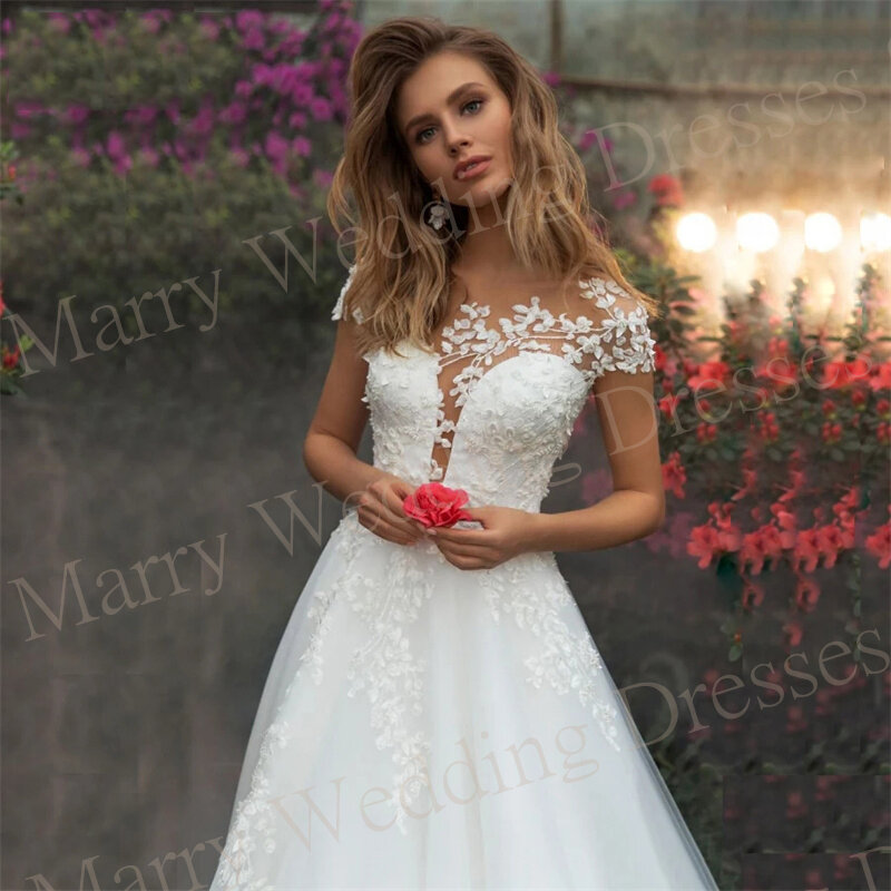 Graceful A-Line Wedding Dresses New Short Sleeve Lace Appliques Illusion Bride Gowns Generous Classic Tulle Vestidos Para Mujer