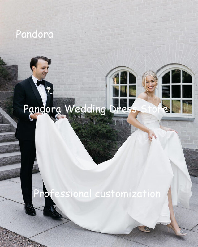 Pandora Satin a-line pieghe Off-the-shoulder abiti da sposa avorio lunghezza del pavimento eleganti abiti da sposa formali per donna 2024