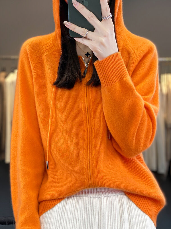 Cardigã monocromático de caxemira com zíper feminino, suéter 100% lã merino, malha casual, mangas compridas, moda coreana, outono e inverno