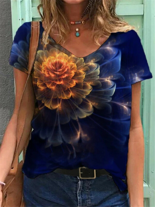 Summer V-Neck T-Shirt Street Fashion Trend Short-Sleeved Floral Print Half-Sleeve Tops Loose Comfortable Cotton Clothing