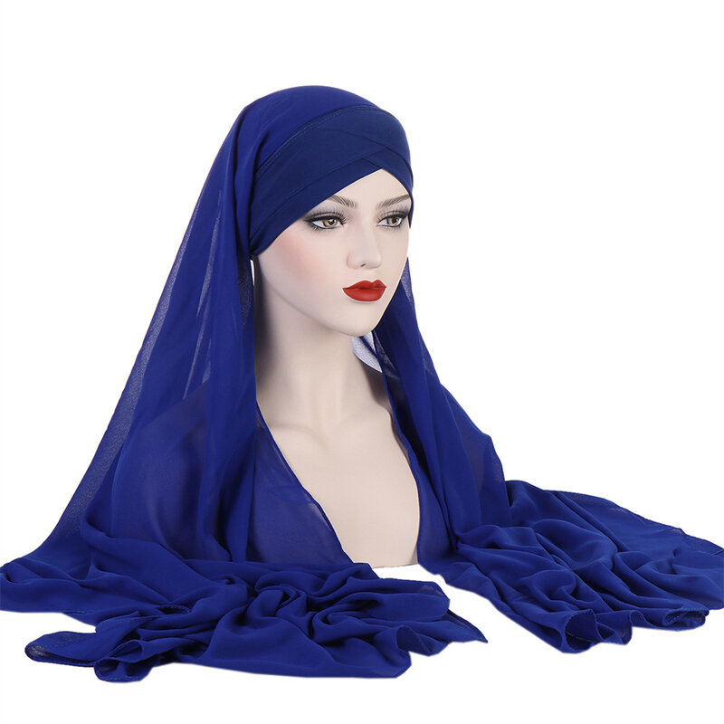 Sombrero cruzado para la frente con bufanda de gasa, Hijab instantáneo, gorro para mujer musulmana, chal largo, pañuelo para la cabeza Amira, 1 unidad