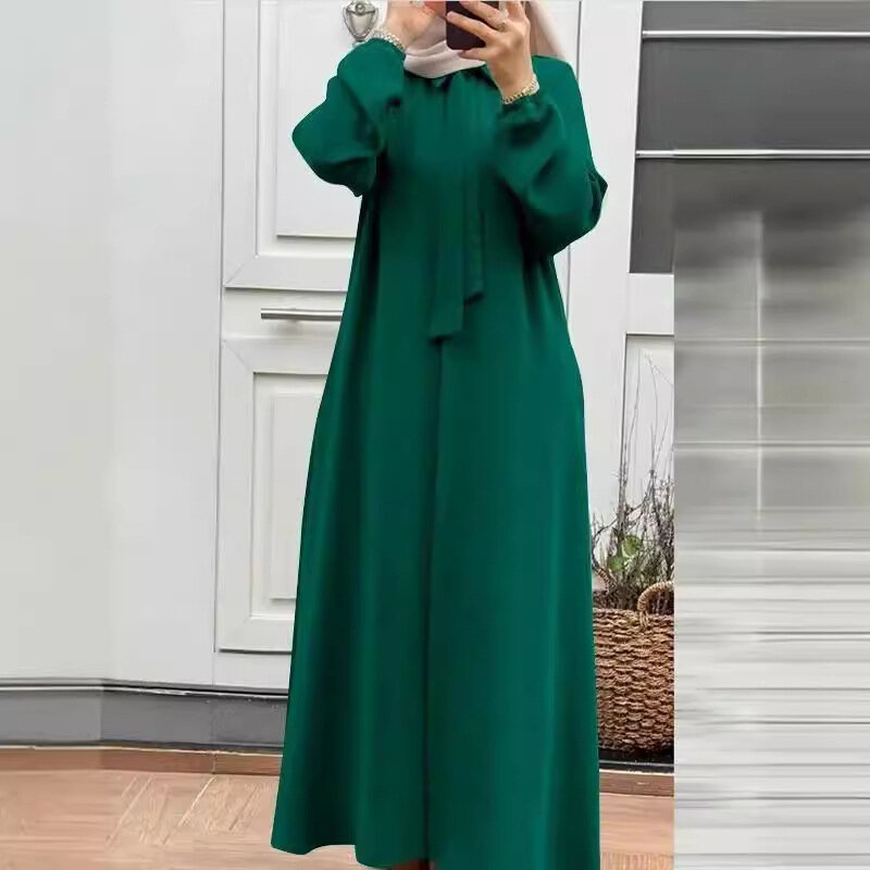 Vestido muçulmano de manga comprida para mulheres muçulmanas, roupas elegantes, gola virada para baixo, Dubai Abayas, camisa comprida